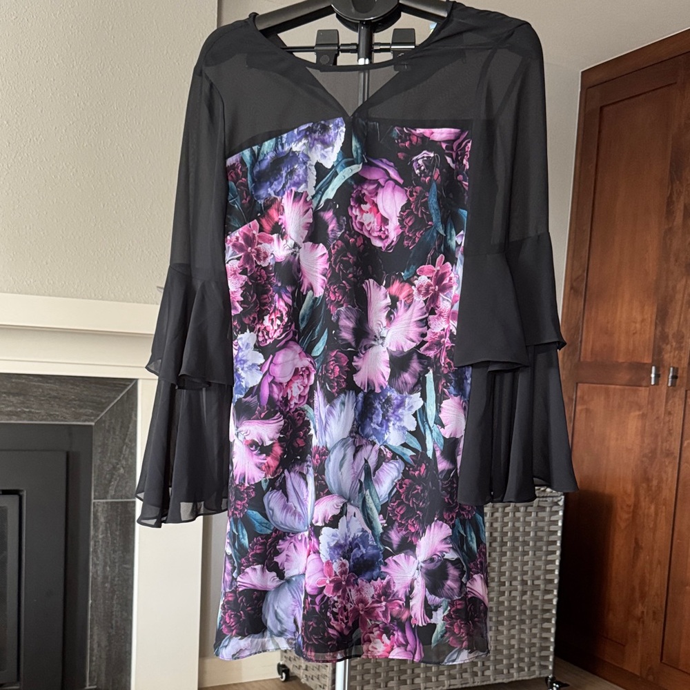 CeCe Black and Pink Floral Long Sleeve Dress